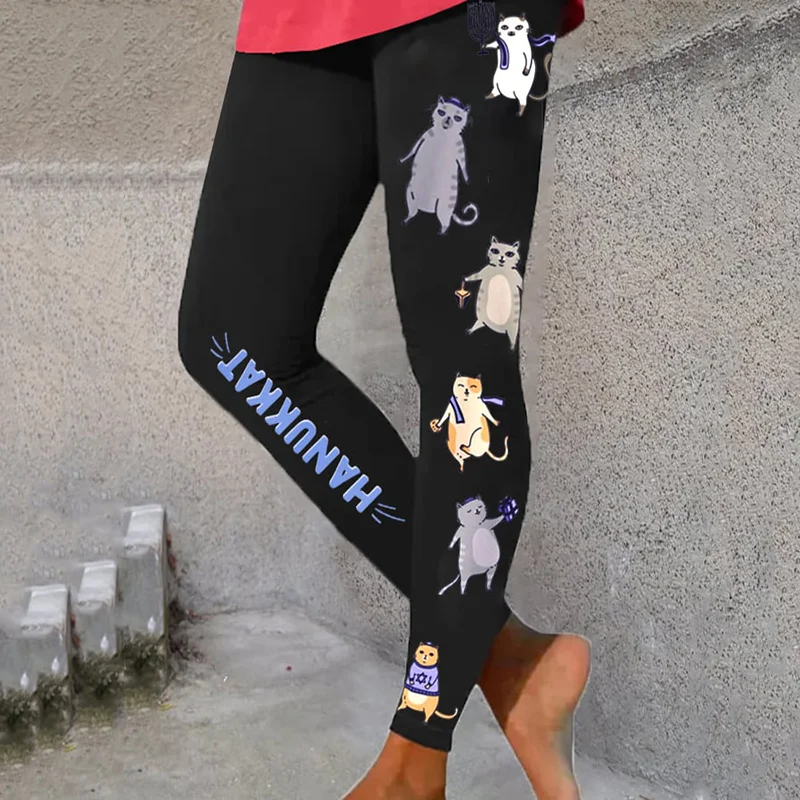 Women's Hanukkah Cat Print Casual Leggings