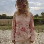 Vintage Boho Roses Pattern Round Neck Cozy Linen Tunic - Image 2