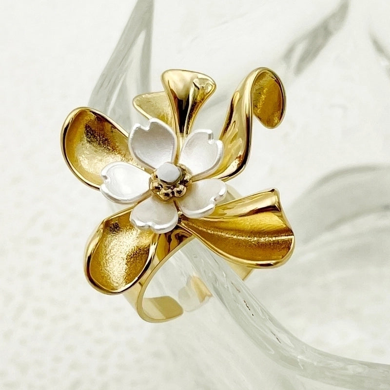304 Stainless Steel 14K Gold Plated Elegant Sweet Artistic Polishing Plating Inlay Flower Crystal Shell Open Ring