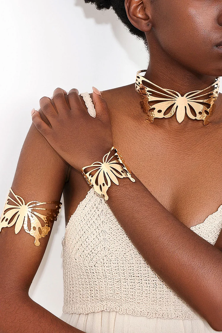 Hollow Out Butterfly Collar Armring Bracelet Alloy 3pcs Set-Gold