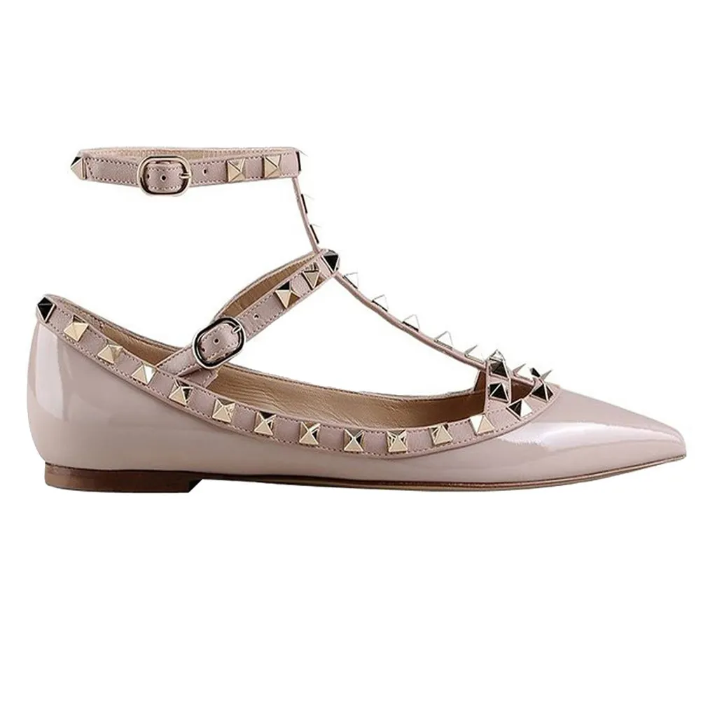 Women's Flats Rivets Rockstud Daily Pointed Toe Ballet Apricot Patent Shoes-vocosishoes