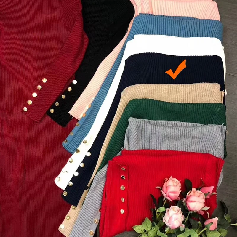 Winter Dress Women Turtleneck Sweater Dress Buttoned Long Sleeve Midi Knitted Bodycon Dress Elegant Womens Dresses Clothing Robe