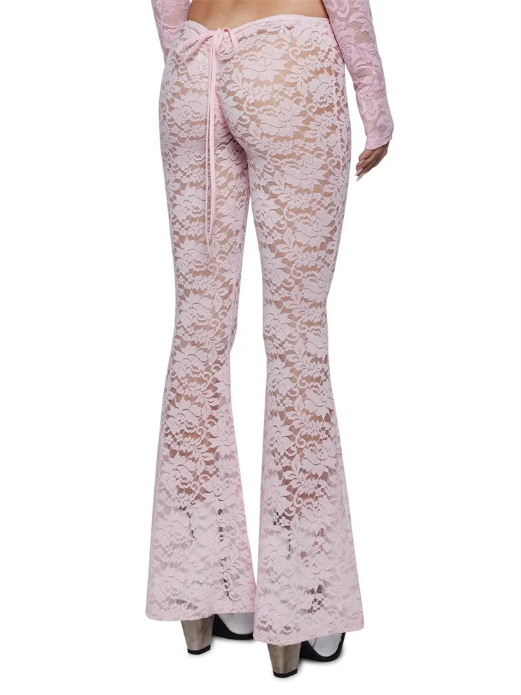 Brownm Women Lace Pants Low Waist Drawstring Mesh See-through Slim Fit Flare Pants Long Trousers Summer Party Clubwear 2024