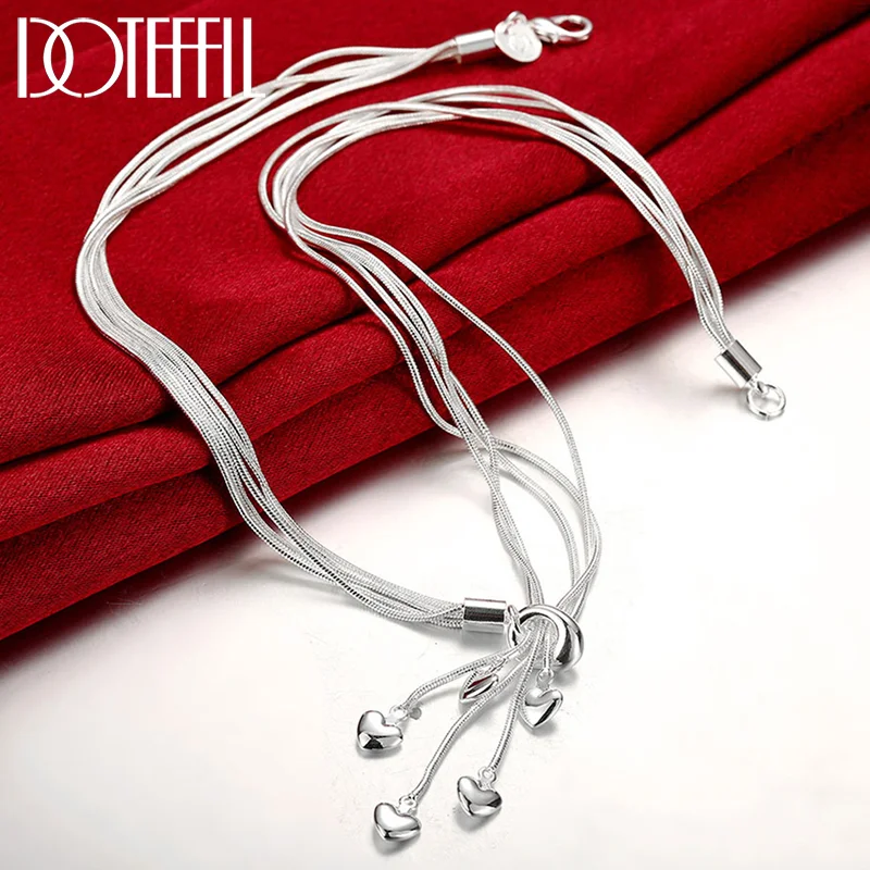 DOTEFFIL 925 Sterling Silver Five Heart Snake Chain Necklace For Women Jewelry