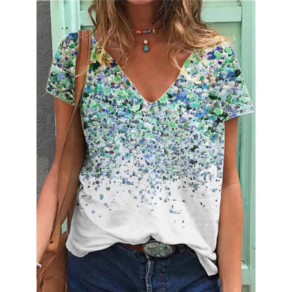 V-neck Floral Print Short Sleeve Top T-shirt