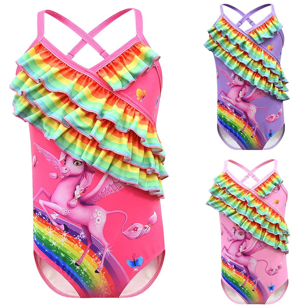 Girls One Piece Swimsuits unicorn Print Ruffle Swimwear Cross-strap sling Swimwear-Pajamasbuy