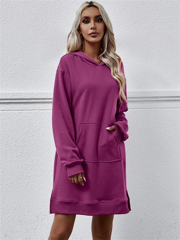 Fall and Winter New Women's Loose Waisted Hooded Long-sleeved Kangaroo Pockets Split Long Sweater Dresses-Cosfine
