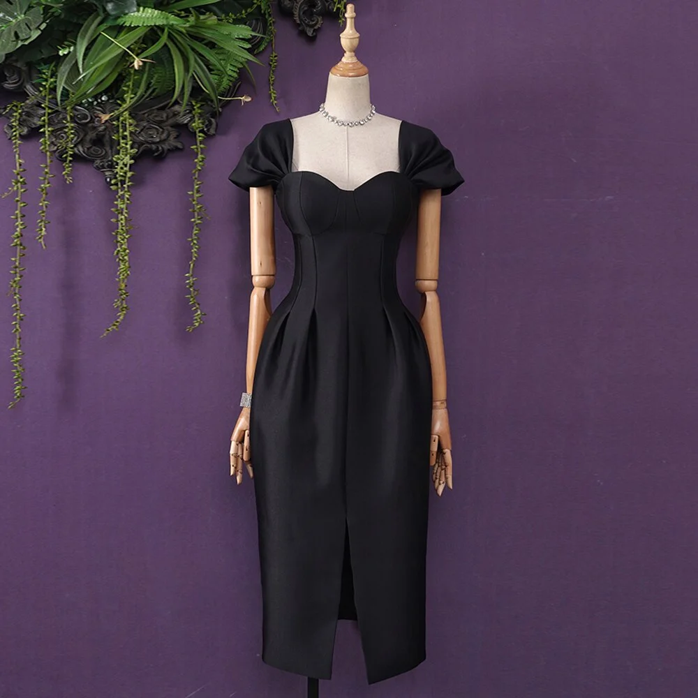 Pongl Elegant Dress For Women Slash Neck Puff Sleeve High Waist Solid Ruched Minimalist Midi Dresses Female Summer 2022
