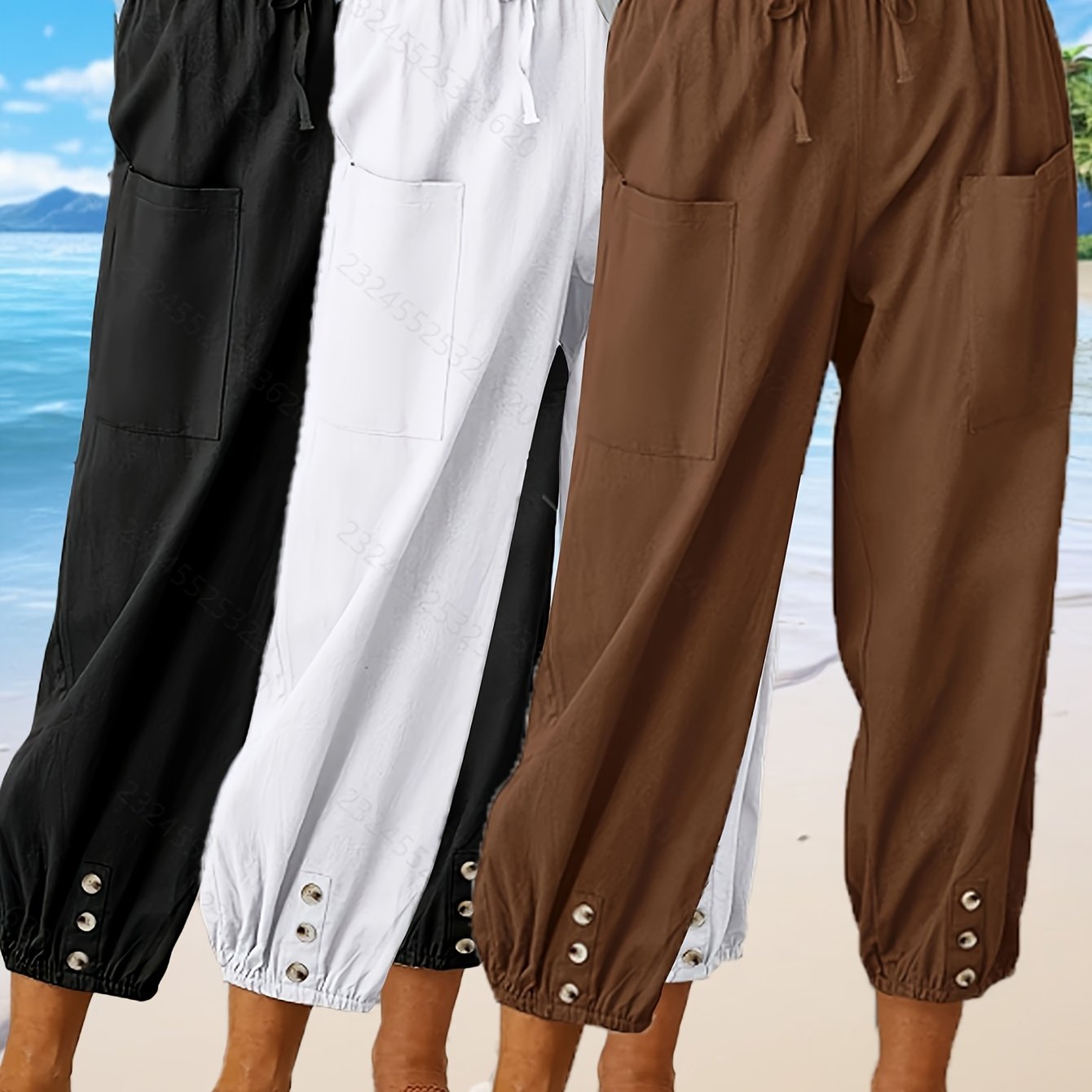 High Waist Wide Leg Cropped Casual with Elastic Waist & Pockets 3-Pack Unisex Linen Pants 