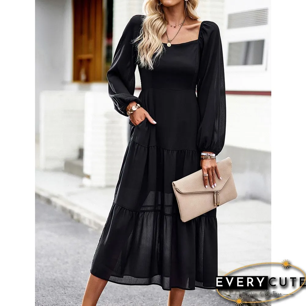 Black Solid Square Neck Pocket Long Sleeve Dress