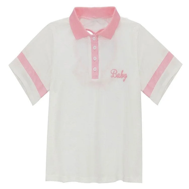Cute Pink White Sweet Love Heart Hollow Polo Collar T-Shirt And Skirt SS1161