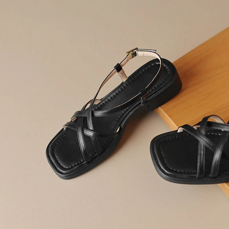 Women's Vintage Chunky Heels Square Toe Cross Strap Leather Sandals