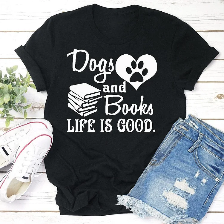 Womens Dog And Books Are Good  T-shirt Tee - 01696-Annaletters