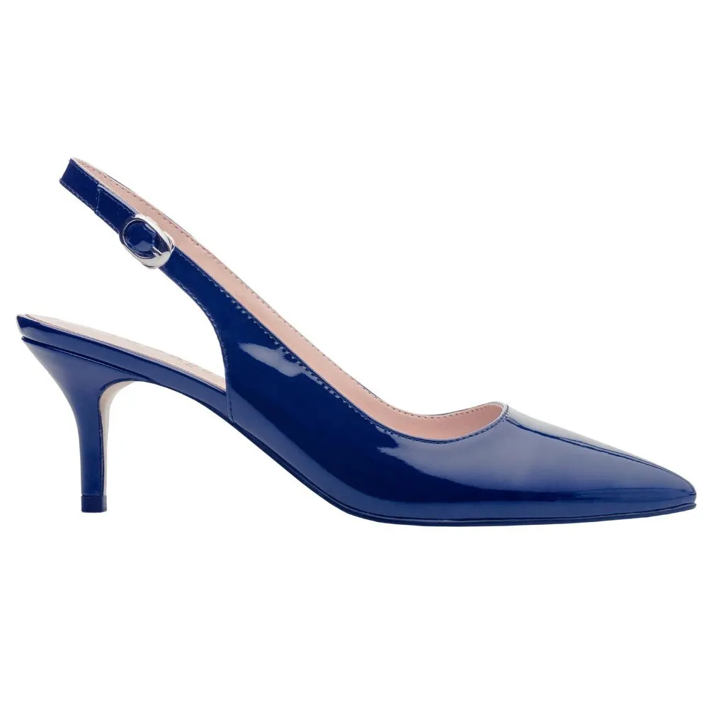 Women's Pointed Toe Slingback Shoes Kitten Heel Pumps Comfortable Dress Blue Patent Shoes-vocosishoes