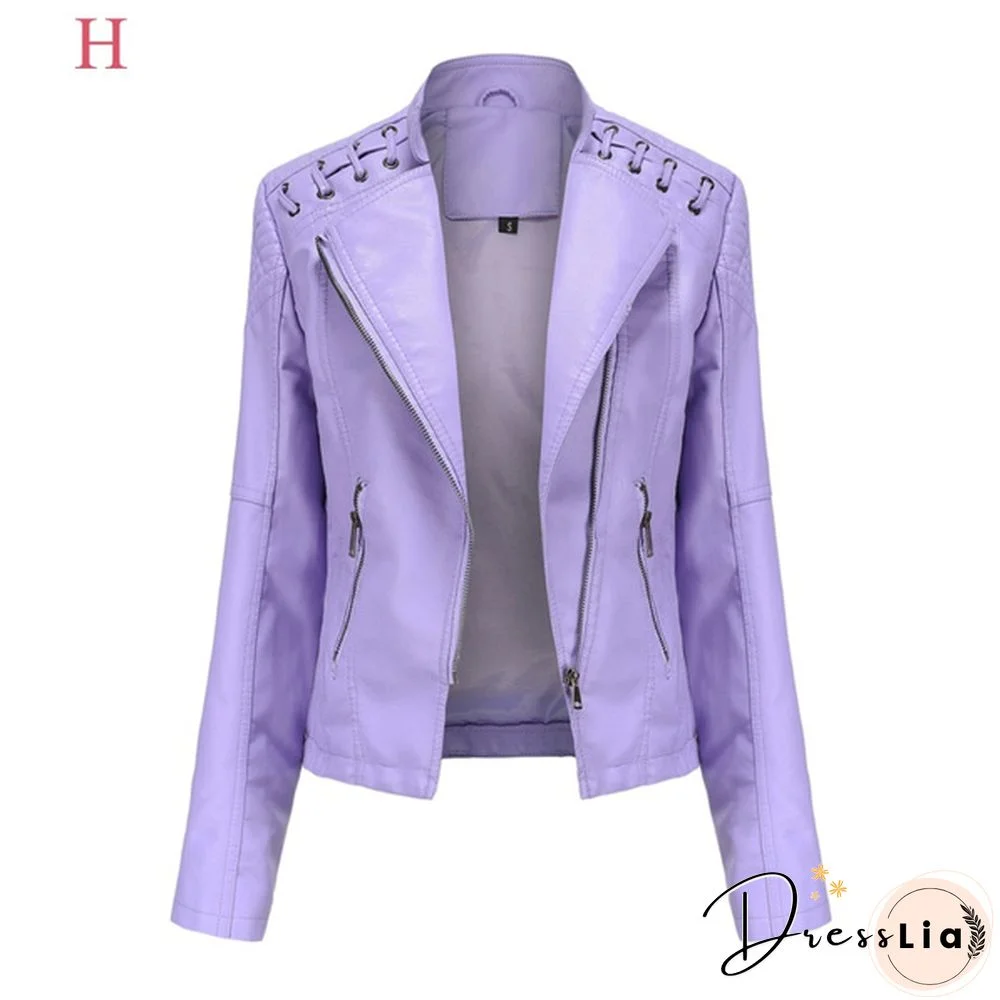 Ladies Fashion Spring and Autumn Short Slim Thin Leather Jacket Motorcycle Suit