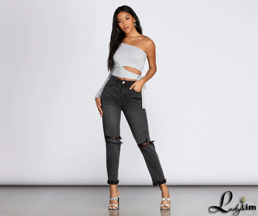 Single Sleeve Ribbed Crop Top