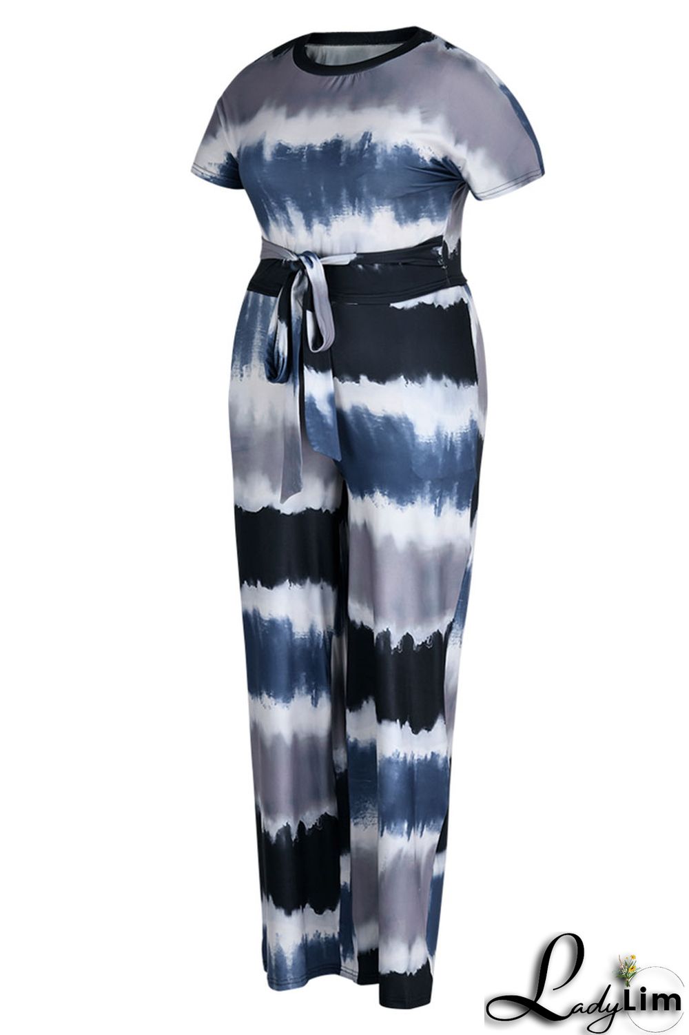 Purple Casual Striped Print Tie Dye Bandage Patchwork O Neck Plus Size Two Pieces