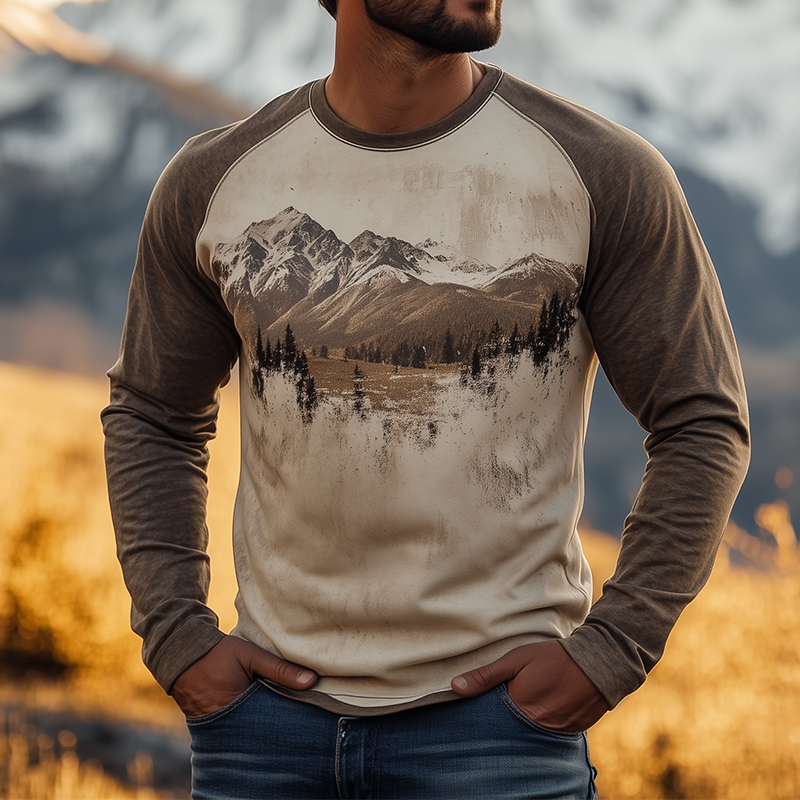 Men's Retro Casual Western Print Crew Neck Long Sleeve T-Shirt