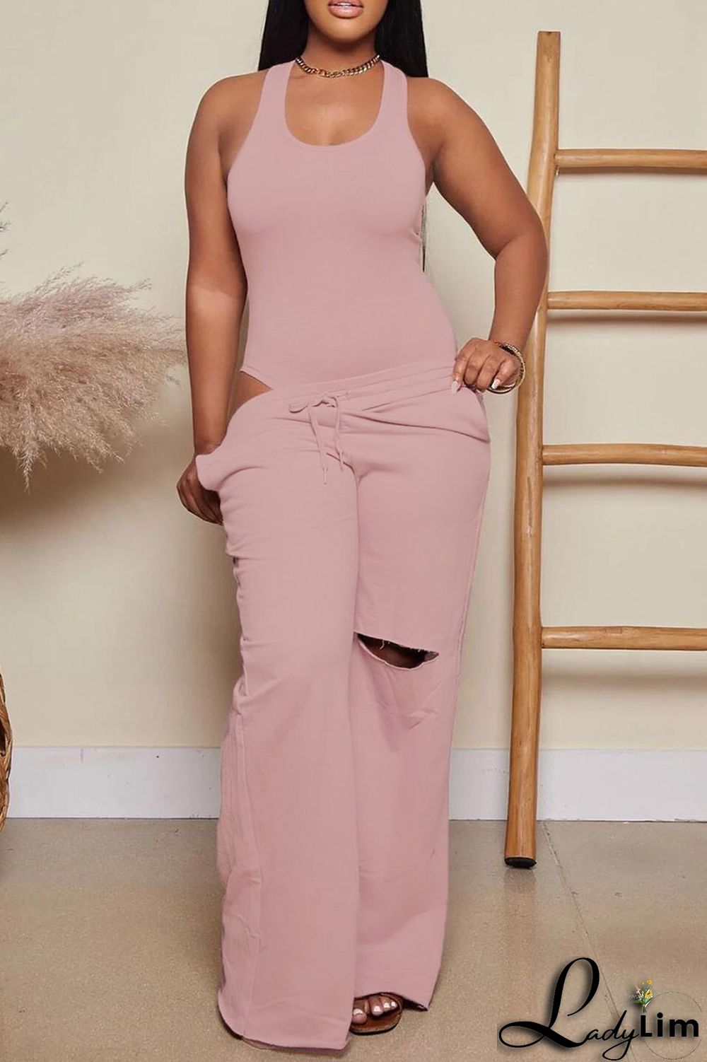 Black Casual Solid Ripped Patchwork U Neck Sleeveless Two Pieces