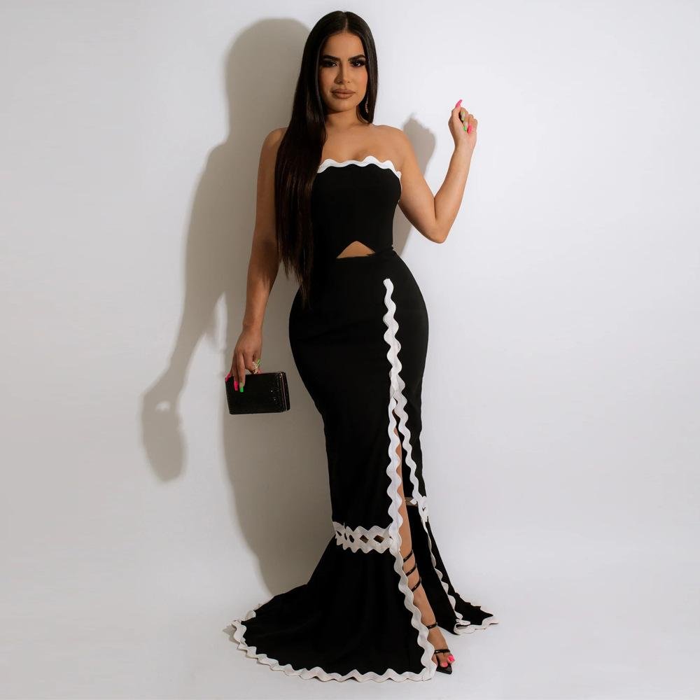 Neosepa-Fashion Strapless White And Black Contrast Color Slit Fishtail Maxi Dress