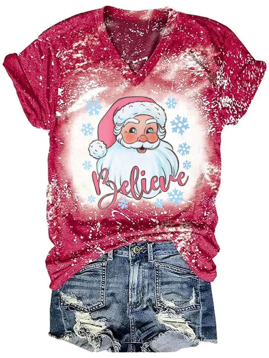 Pink Christmas Santa Believe Tie Dye V-neck T-shirt