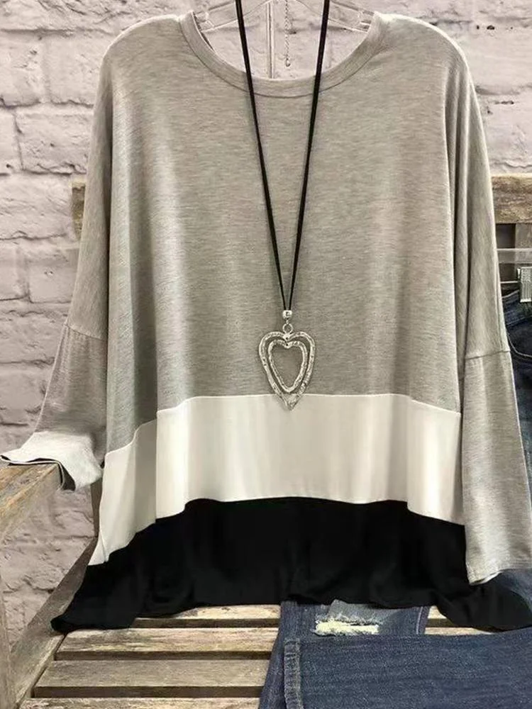 Crewneck Casual Pullover Brown Cotton Loose-fitting Striped Long-sleeved Leggings