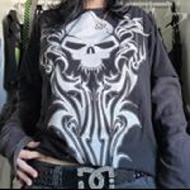 OLCooL Japanese Edgy 00s Retro Gothic Emo T-shirt Cyber Y2K Grunge Mall Goth Top Patchwork Full Sleeve Baggy Pullovers Tees olcool