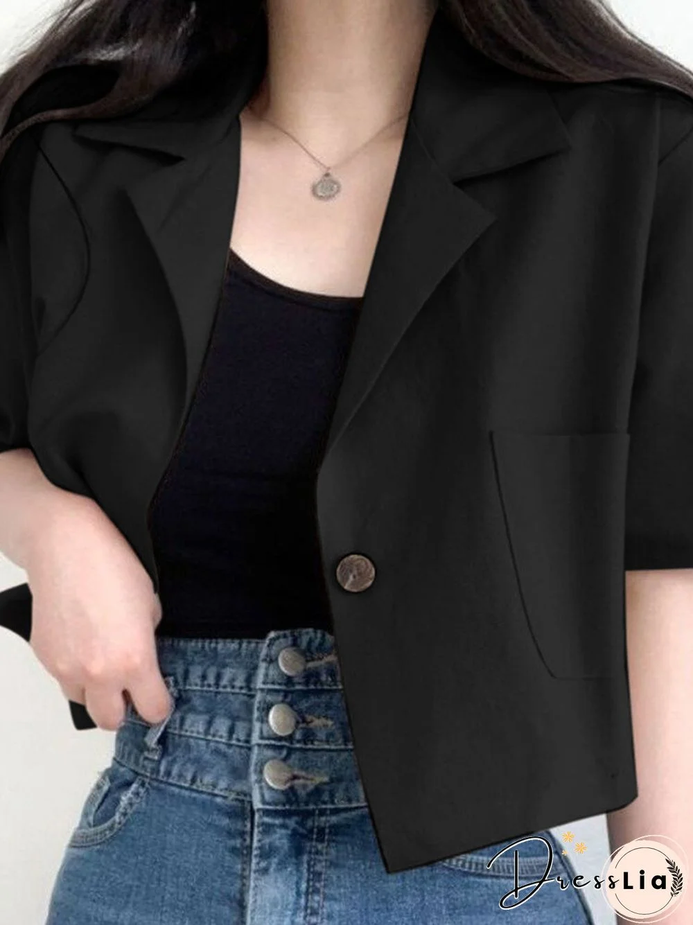 Solid Button Front Pocket Lapel Half Sleeve Casual Blazer