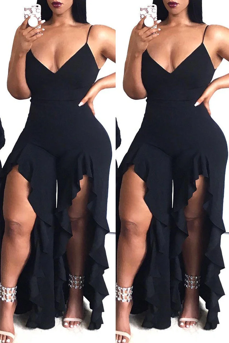 Fashion Sexy Solid Split Joint Slit Spaghetti Strap Regular Jumpsuits