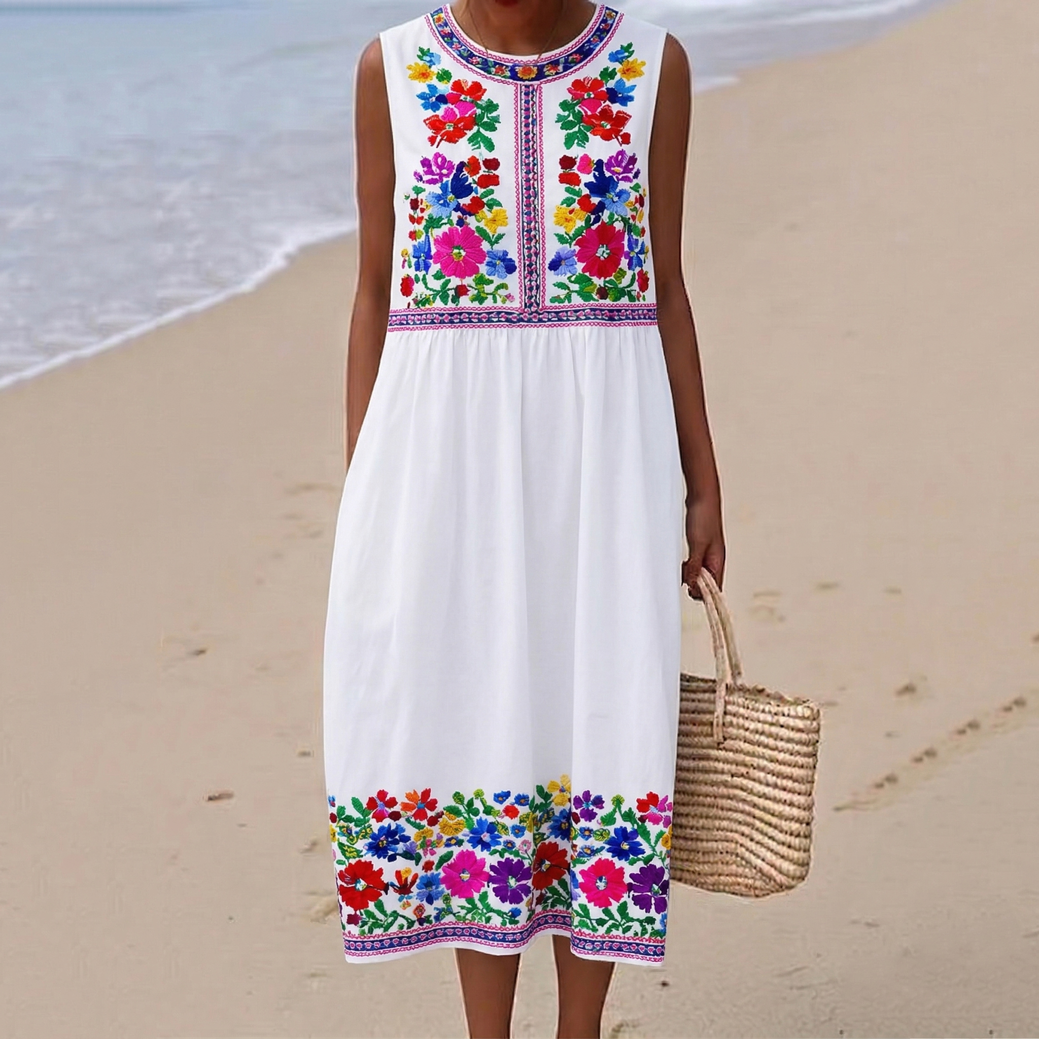 Women's Bohemian Floral Pattern Round Neck Sleeveless Midi Dress elevenforest