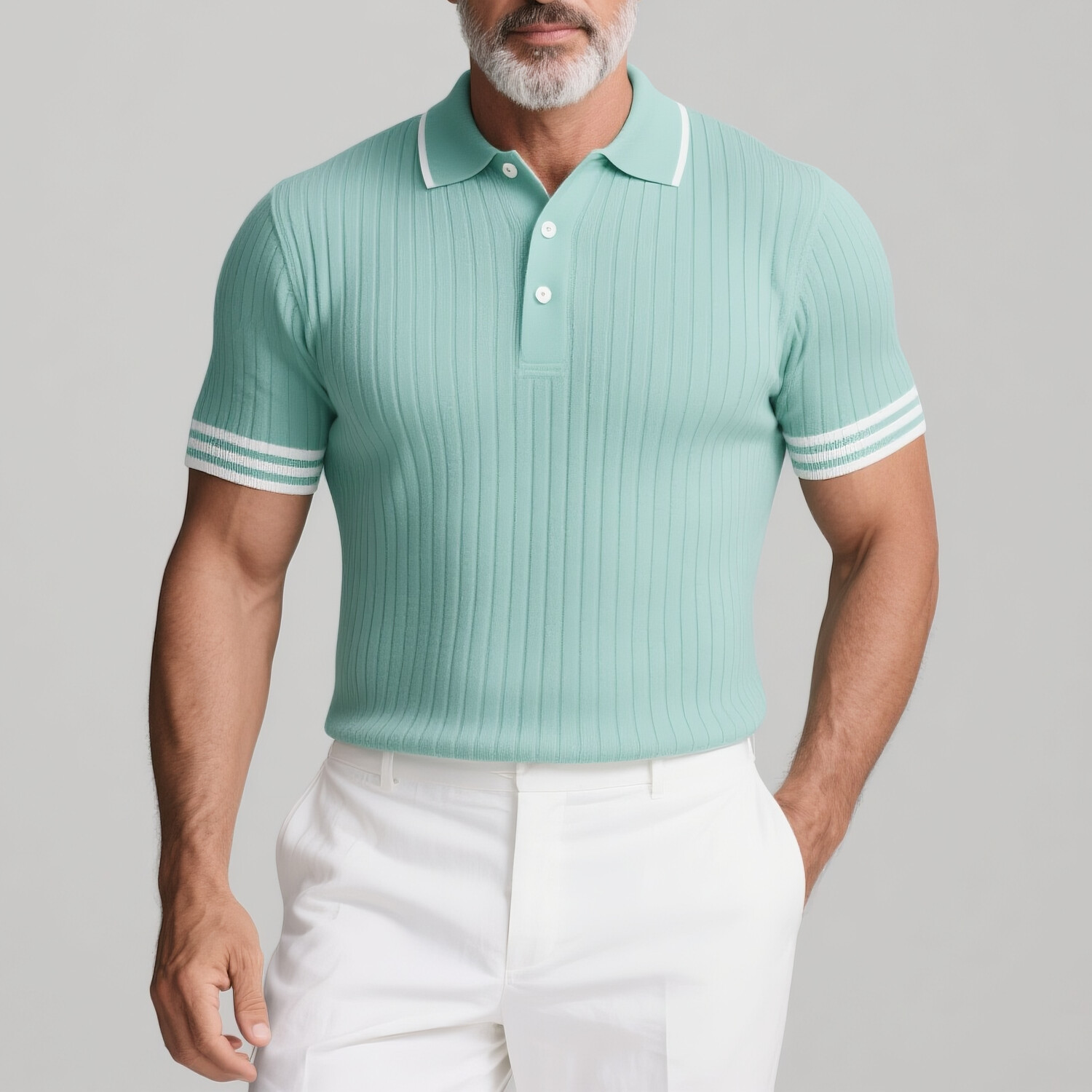 Men's White Striped Ribbed Half Button Short Sleeve Polo Shirt