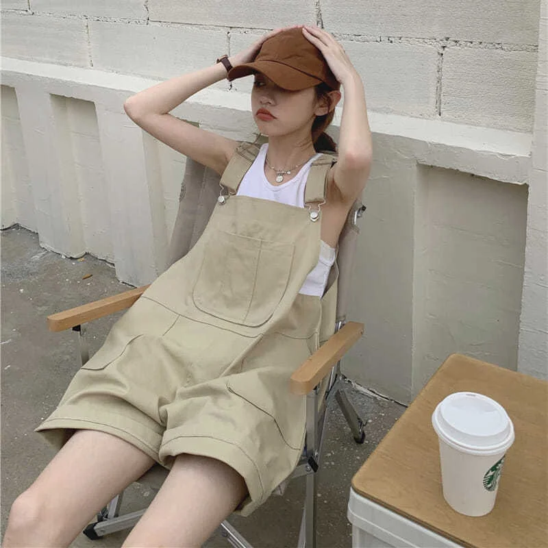 Rompers Women Fashion Summer Loose Solid Korean Style Streetwear Student Preppy High Waist Casual All-match Harajuku Simple Chic