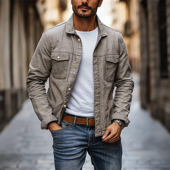 Men's Casual Cotton Linen Lapel Multi-Pocket Work Jacket