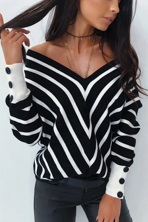 Fashion Off The Shoulder Striped V-neck Sweater