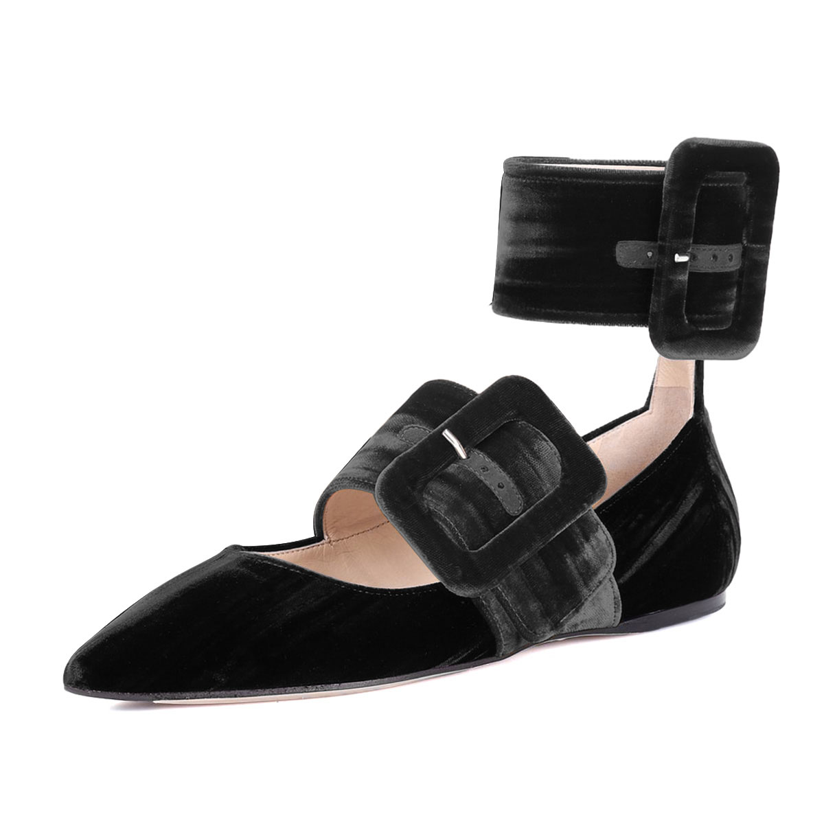 Black Velvet Pointed Toe Buckle Ankle Strap Flat Women Mary Jane Shoes Nicepairs