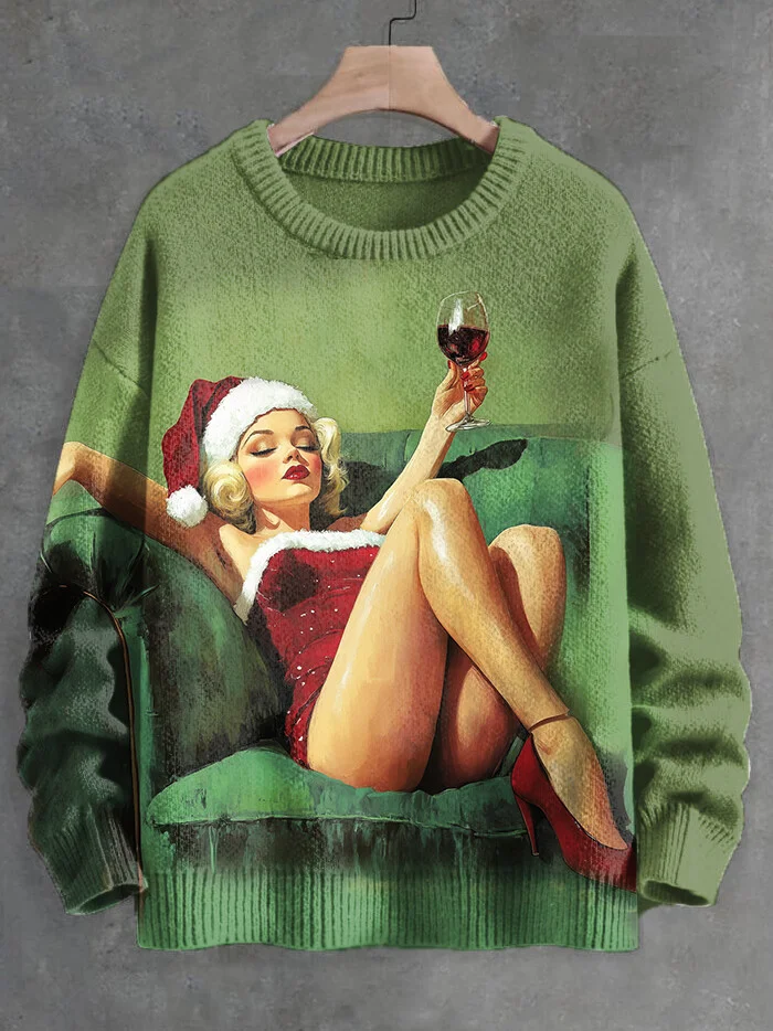Men's Christmas Lady Drinks Wine Print Knit Sweatshirt