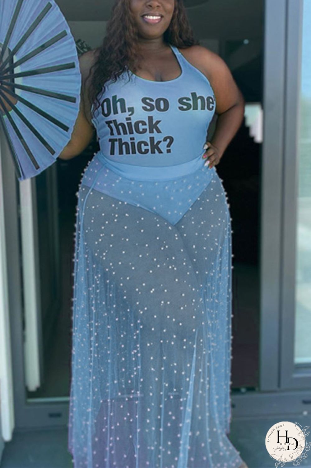 Blue Sexy Fashion Printed Plus Size Sleeveless Skirt Set