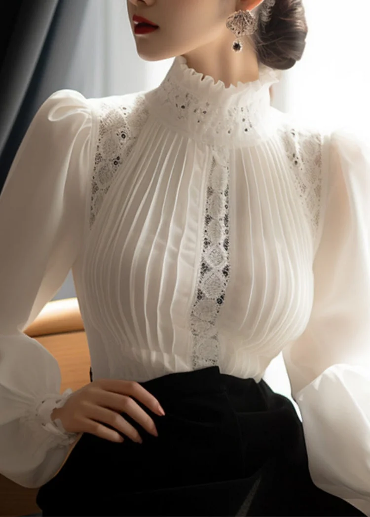 French White Puff Sleeve Lace Wrinkled Patchwork Cotton Top