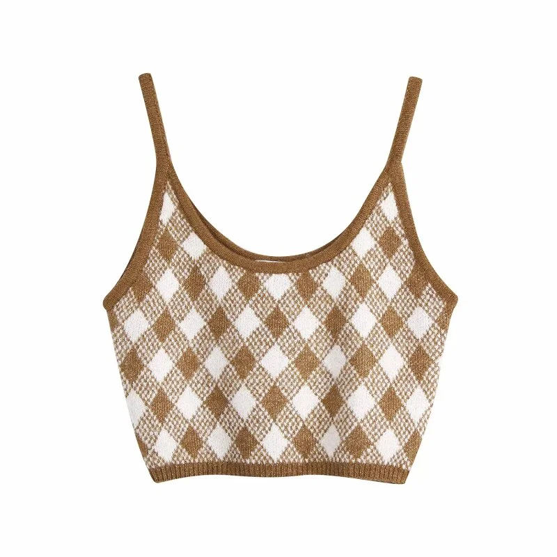 Vintage Stylish Brown Argyle Patterns Camis Tops Women Sexy Fashion Straps Tops Female Chic Camisole