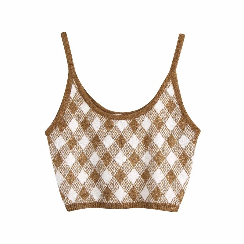 Vintage Stylish Brown Argyle Patterns Camis Tops Women Sexy Fashion Straps Tops Female Chic Camisole