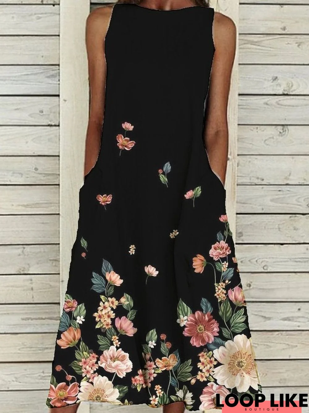 Pockets Sleeveless Casual Floral Dresses Black Dresses