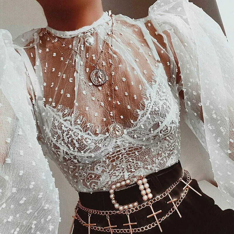 Ladies Women Sexy See Through Mesh Sheer O Neck Blouse Clubwear Shirt Tops Mesh Transparent Blouses Polka Dot Print Blouse Top
