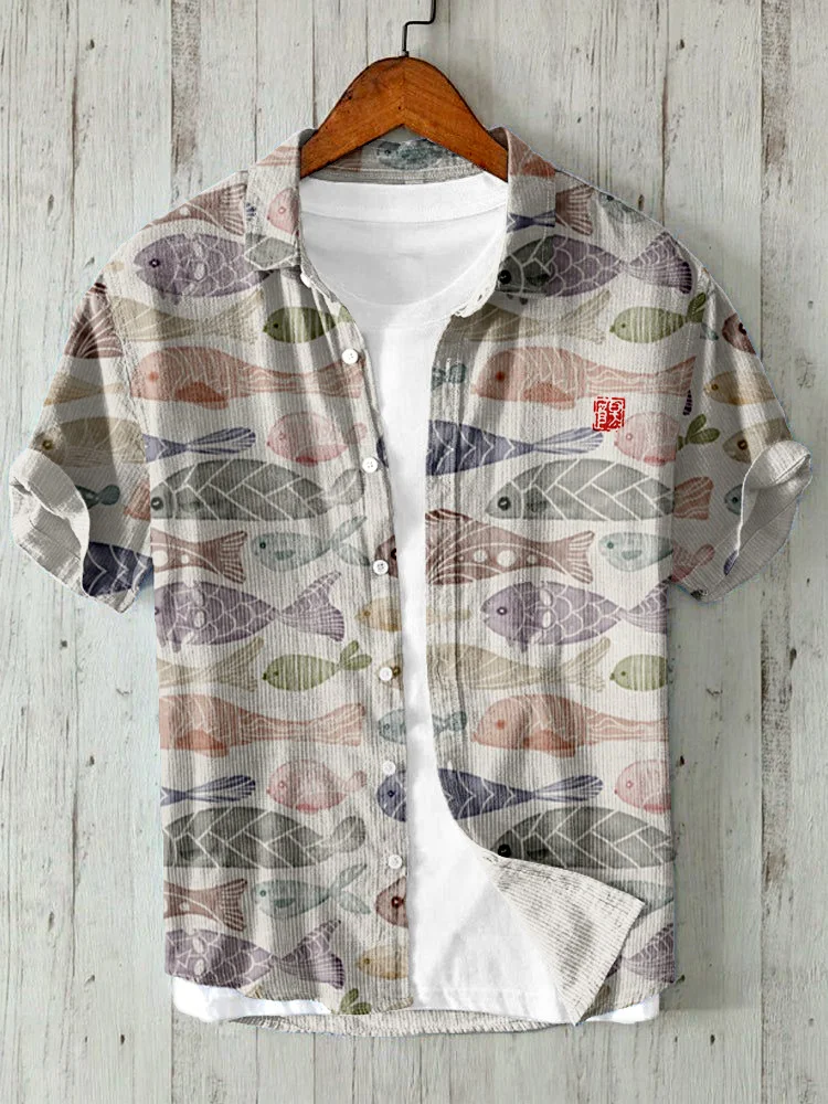 Vintage Japanese Watercolor Fish Art Linen Blend Shirt