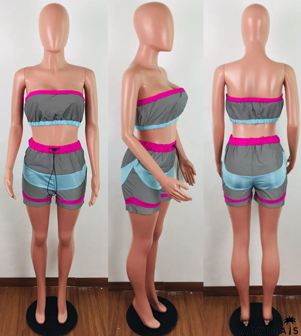 Sexy Reflective Tube Tops Shorts Sports 2 Piece Sets