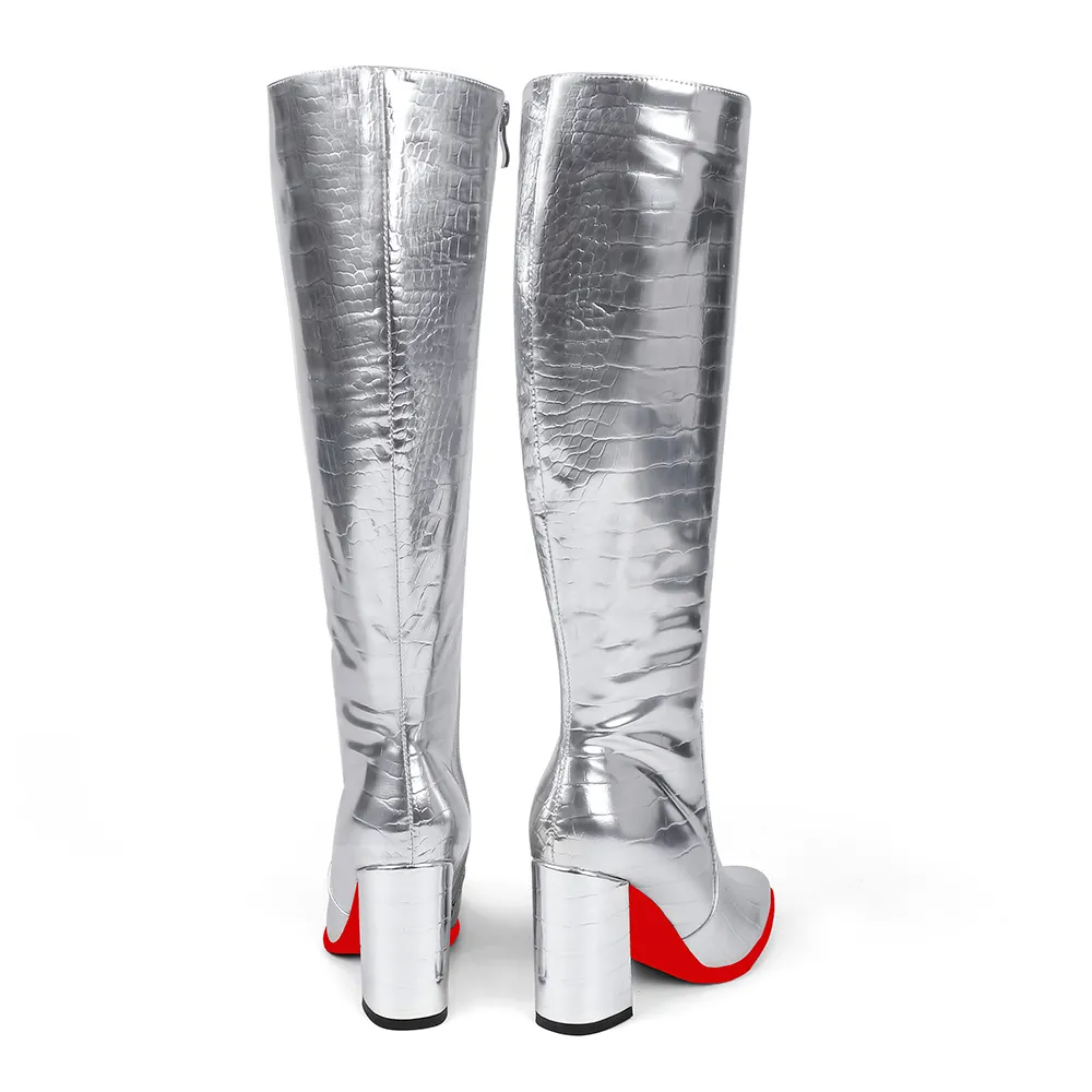 95mm/3.75 inches Fashionable zipper crocodile pattern high heels knee-high boots thick heel pointed toe red bottom boots-vocosishoes