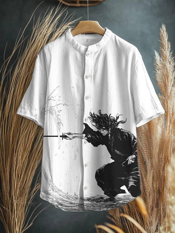 Men's Retro Japanese Samurai Print Short Sleeve Shirt