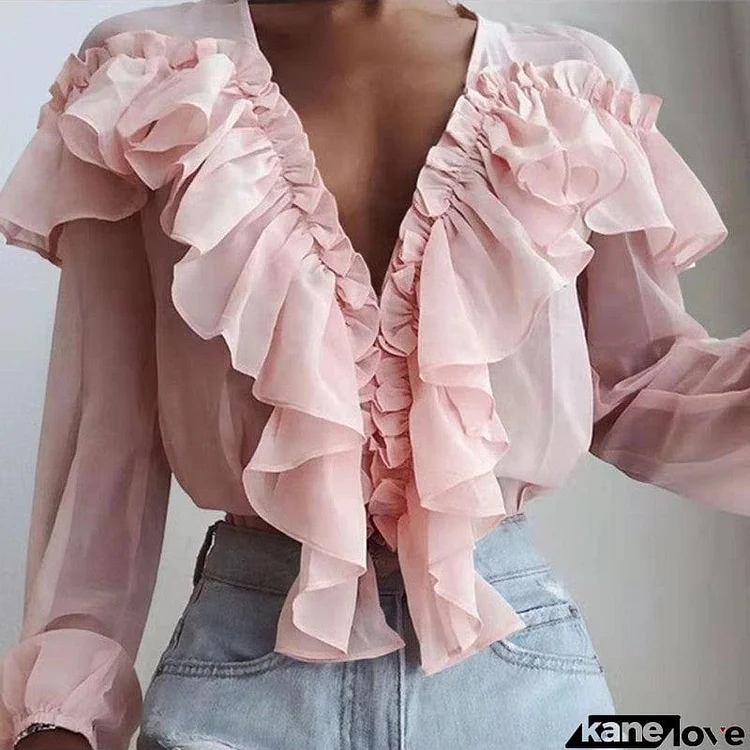 Loose-fit V-neck pullover chiffon shirt with ruffles