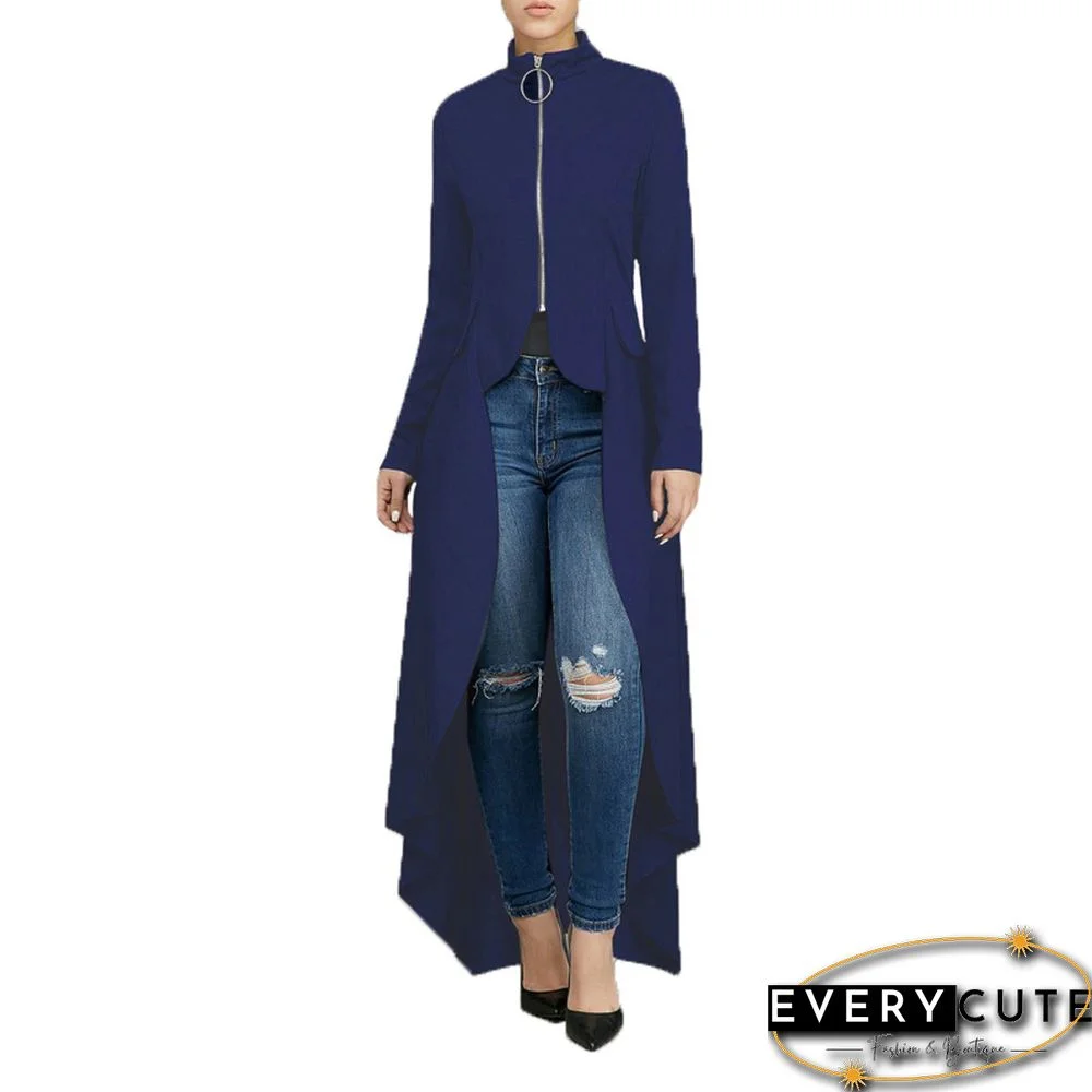 Navy Blue Long Sleeve Front Zipper Casual Dress
