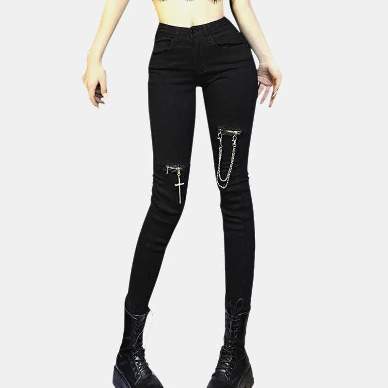 High Waist Hole Chain Pants