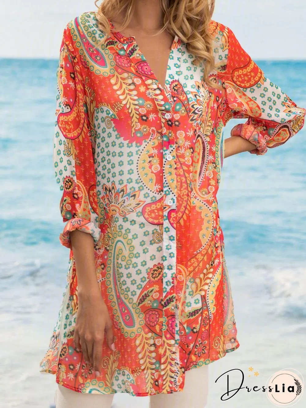 Geometric V Neck Long Sleeve Blouse & Shirts